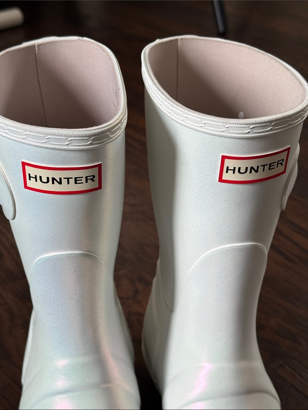Hunter Iridescent Pearl Gloss Rain Boots - White with Sparkly Pink/Green Shimmer - Picture 8 of 9